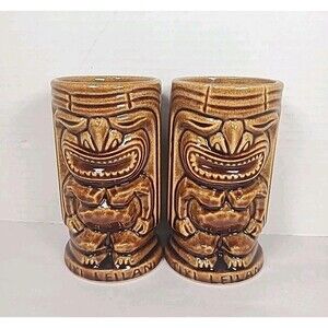 Two (2) Vintage Japan Orchards Of Hawaii Tiki Leilani Brown Ceramic Mugs